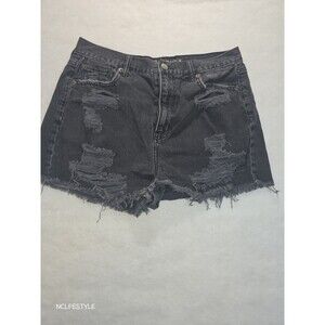 American Eagle Black Denim Jean Shorts Women's 10 Mom Short Distressed Pockets